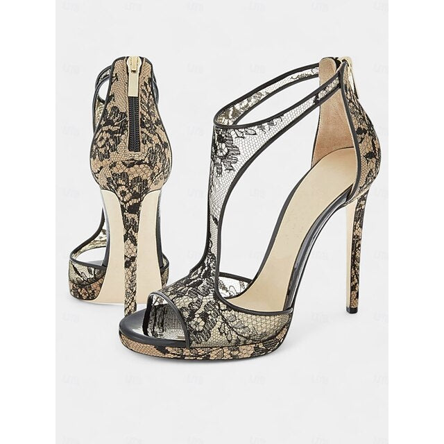with Black Peep-Toe for Mesh Heels Stiletto Design Lace