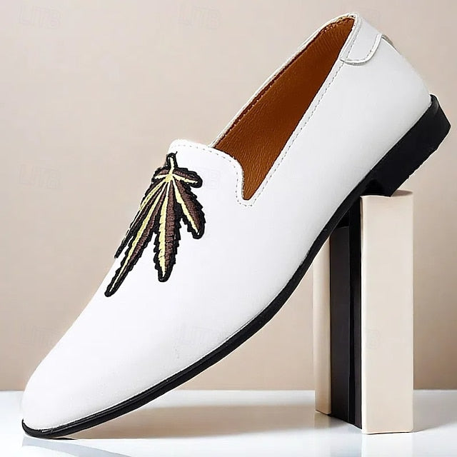Faux Leather Loafers with Feather - Prom Men's White Shoes