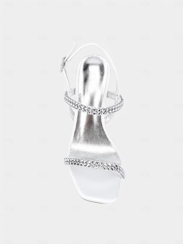– Rhinestone Prom Women's Heel Sandals White Block Bridal