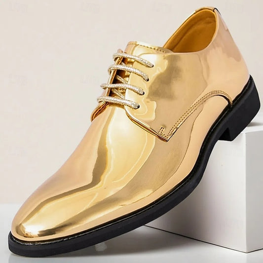 Lace-Up – Men Leather Patent Shiny for Sleek Gold Shoes