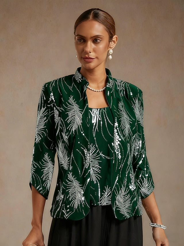 Women's Sequin Tops Twinset Sequins Feather Elegant 3/4