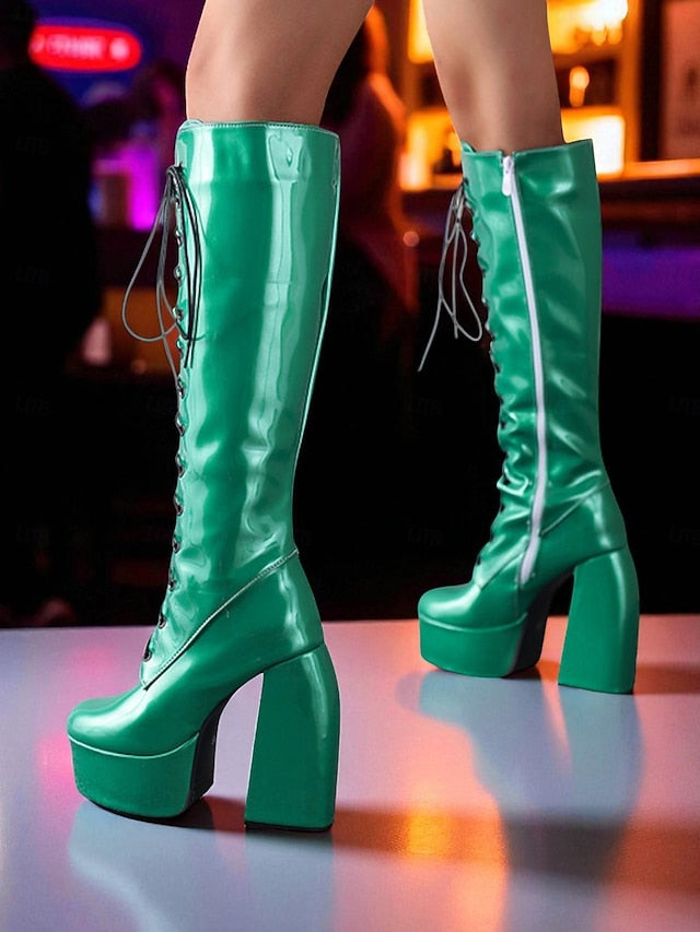 High Platform Silver Boots Metallic Knee Women's Lace-Up -