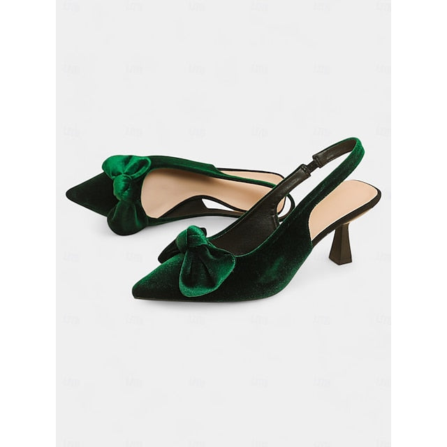 Blue Pointed Bow Women's Heels Toe with Slingback Velvet