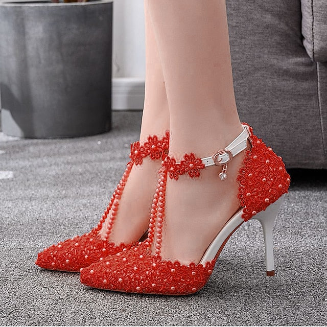 Heel Wedding Pointed Bridal High Women's Lace Shoes