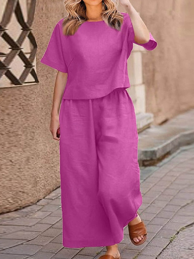 Women's Pants Sets Faux Cotton Linen Short Sleeve Plain