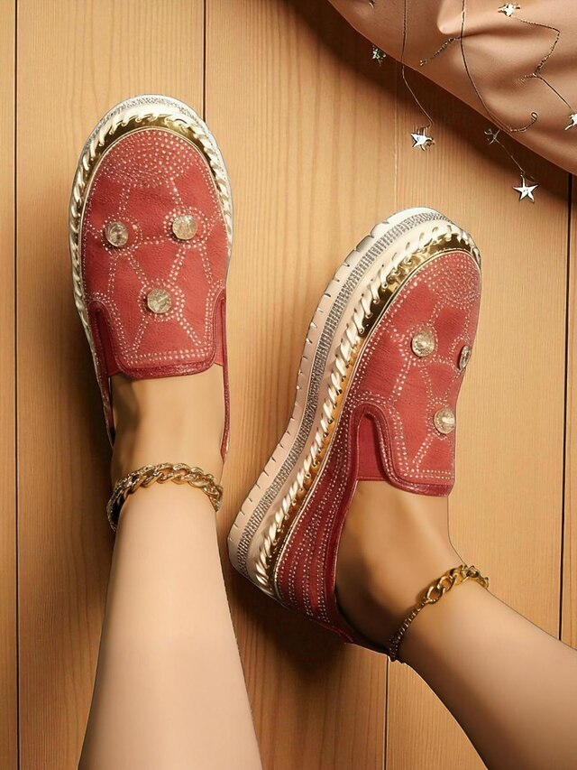 Rhinestone Red Sneakers Studs with Slip-On Platform Women's