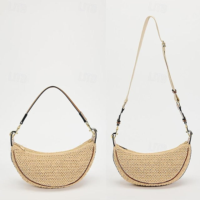 Adjustable Boho Bag Crossbody with Straw Women's Leather