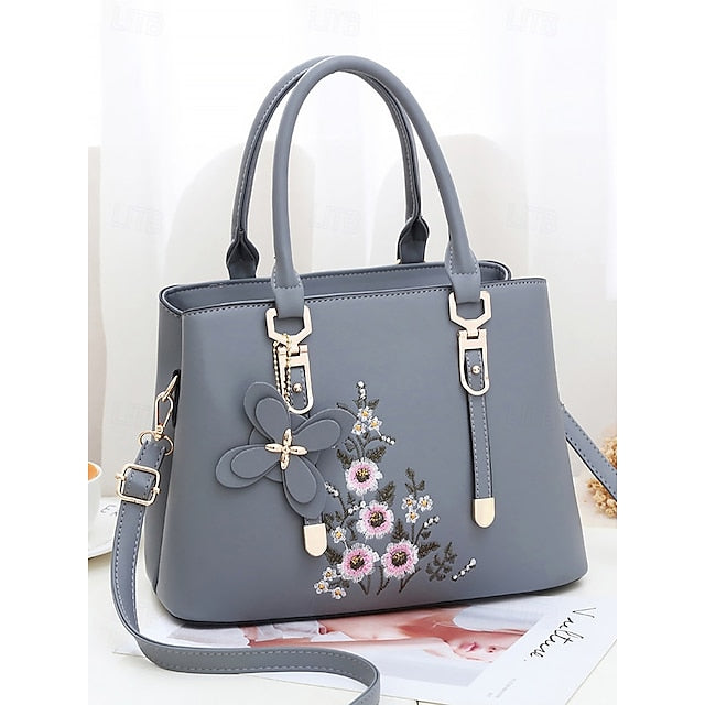 Embroidery Leather Faux Green Floral with Handbag Women's