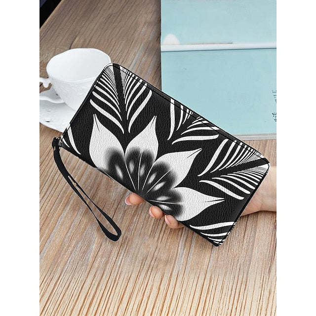Floral Black Women's Wallet Faux White and Print –