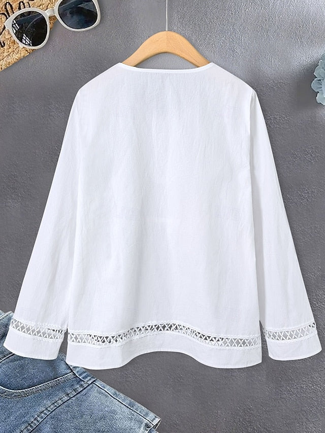 Women's Shirt Blouse Ruched Patchwork Embroidered Floral