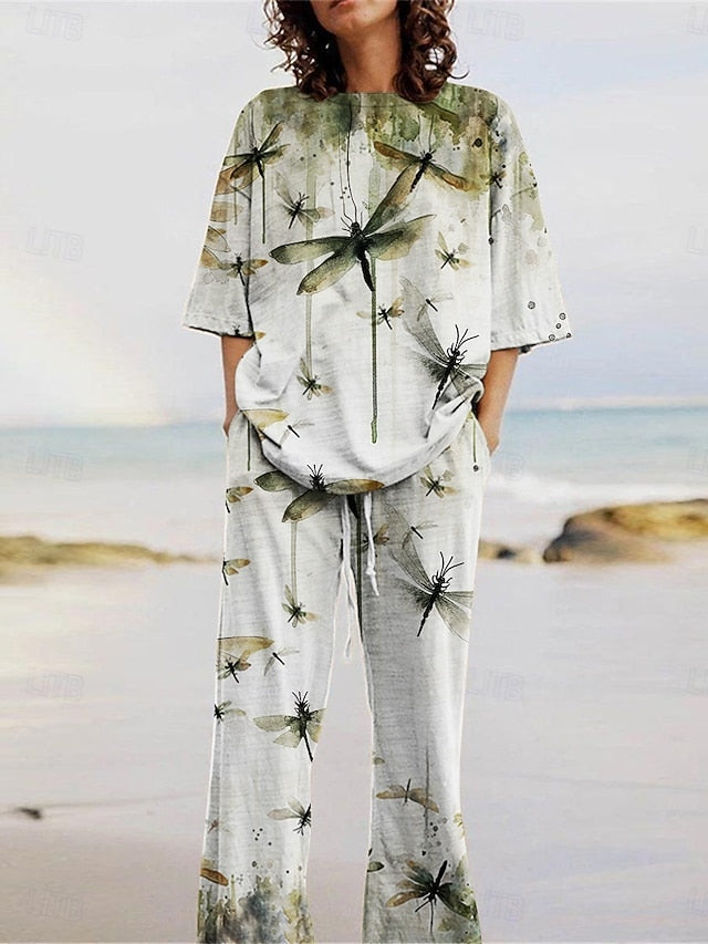 Women's Pants Sets 3/4 Length Sleeve Crew Neck Animal Print