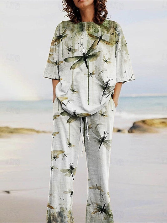 Women's Pants Sets 3/4 Length Sleeve Crew Neck Animal Print