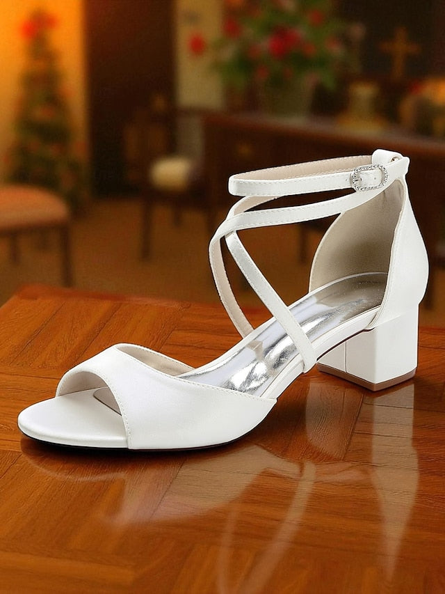 with Heel Satin - Block Ankle Sandals Women's Strap Elegant