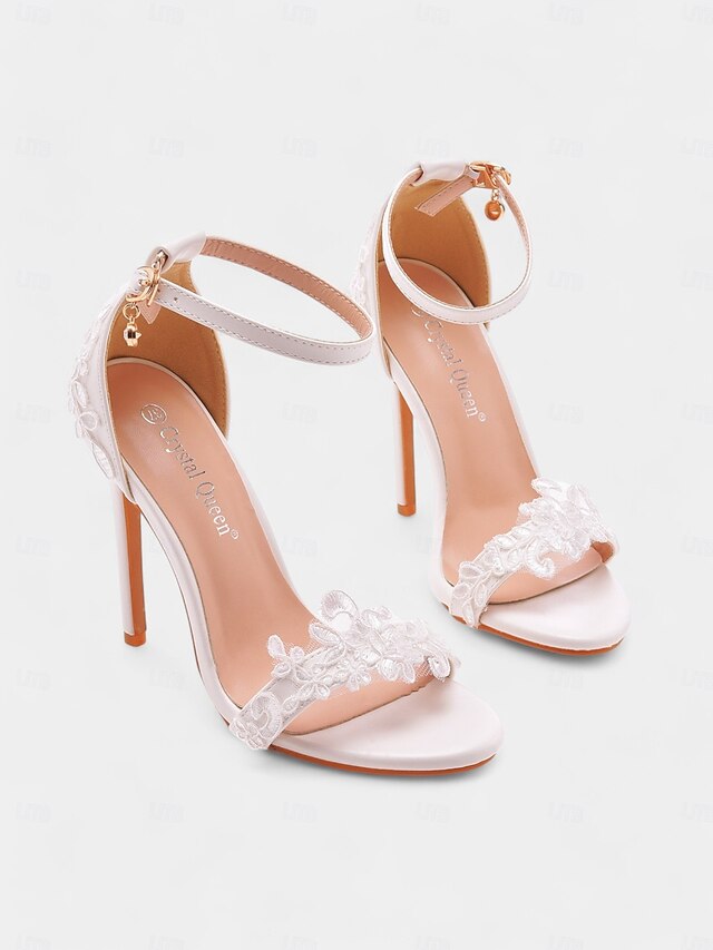Stiletto Women's with Strap Ankle Lace Wedding Heels White