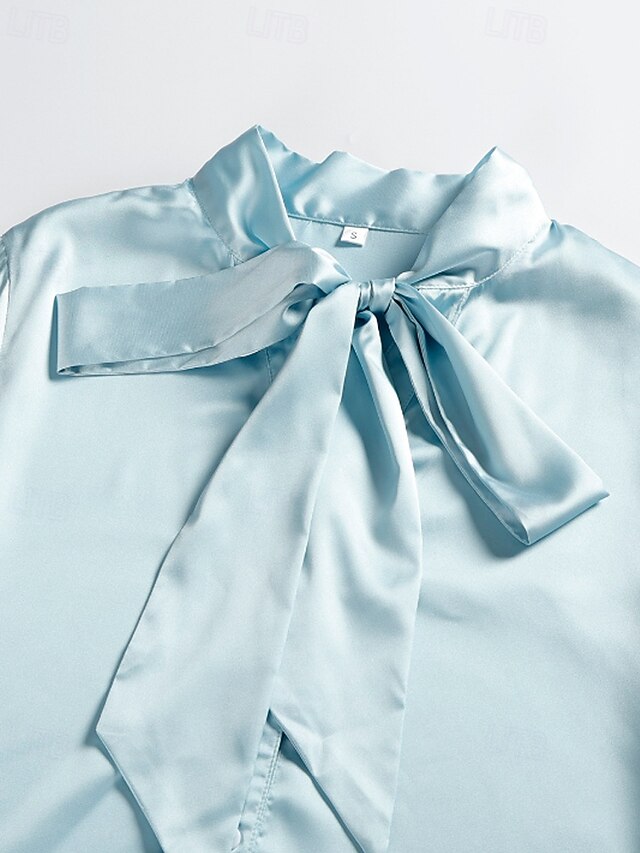 Women's Shirt Elegant Satin Top Blouse Buttons Bow Plain