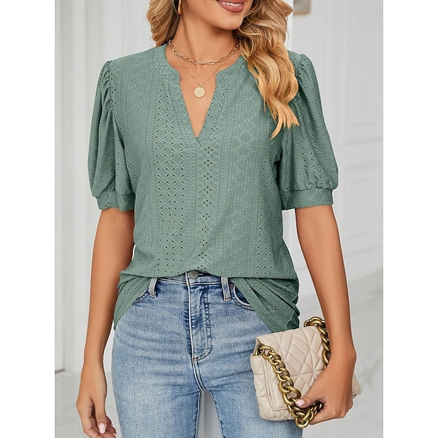 Women's T Shirt Eyelet Plain Fashion Modern Casual Short