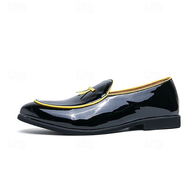 Yellow Loafers Black Leather with Faux Trim Men's Patent