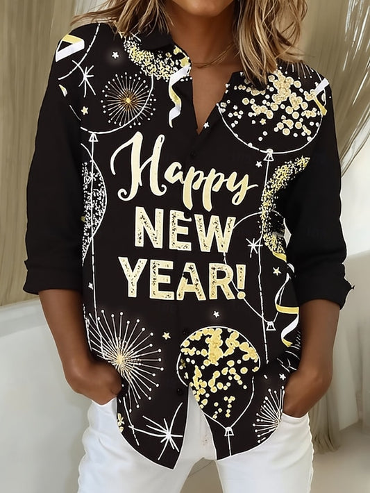 New Year Women's Shirt Blouse Patchwork Buttons Print