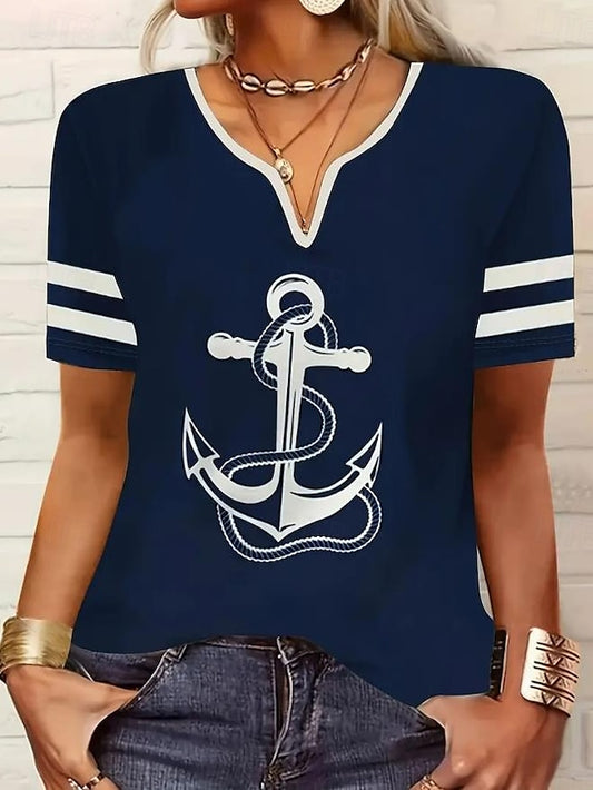 Women's T Shirt Print Ocean Striped Anchor Casual Short