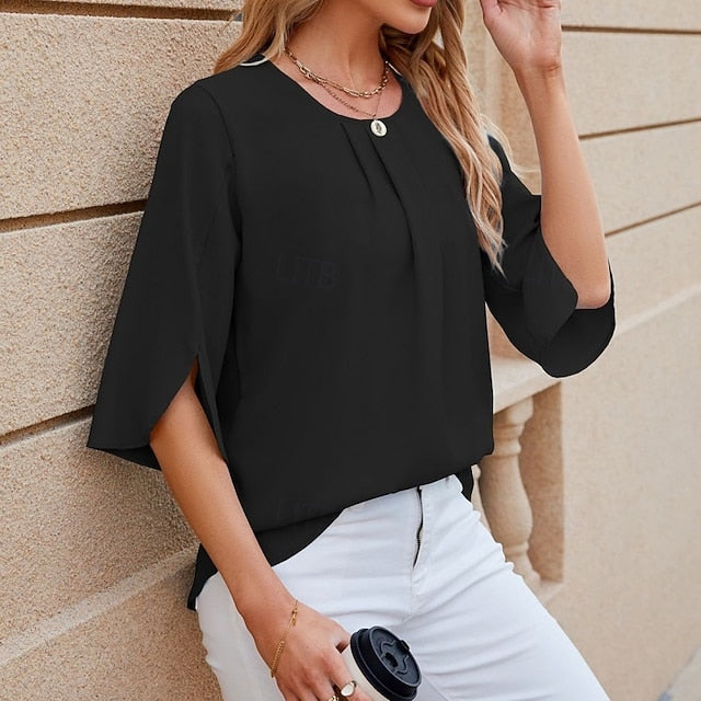 Women's Shirt Blouse Chiffon Tops Ruched Plain Stylish