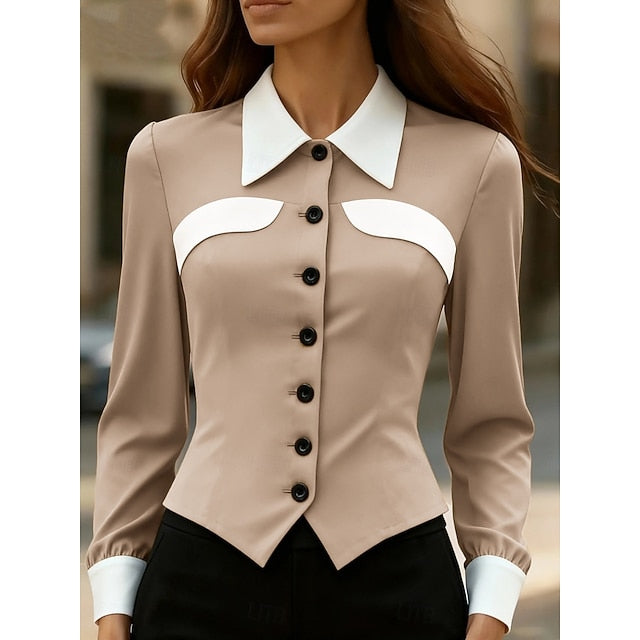 Women's Blouse Patchwork Buttons Color Block Elegant