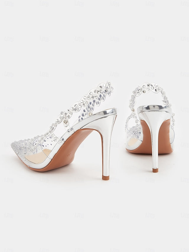 Clear Women's Heels Pointed with Slingback Rhinestone Toe
