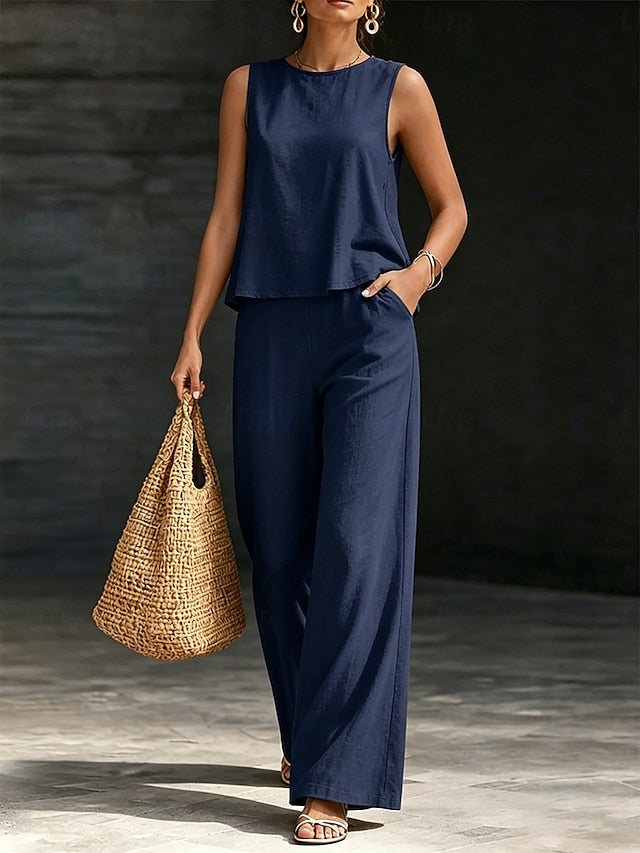 Women's Cotton Linen Sets Two Piece Sets Blouse Sleeveless