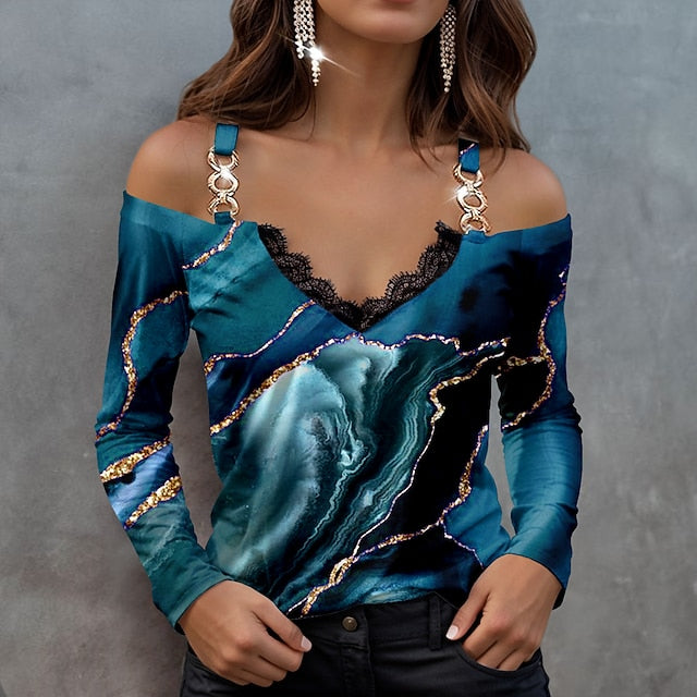 Women's Blouse Long Sleeve  V Neck Fashion Abstract Print