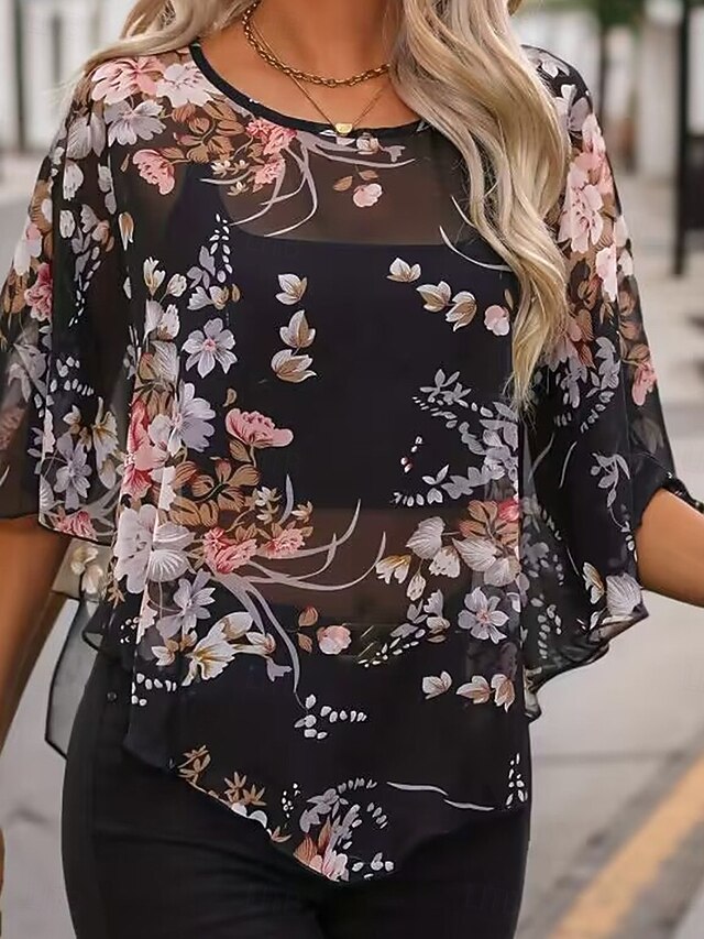 Women's Shirt Blouse Mesh Print Floral Stylish Casual 3/4