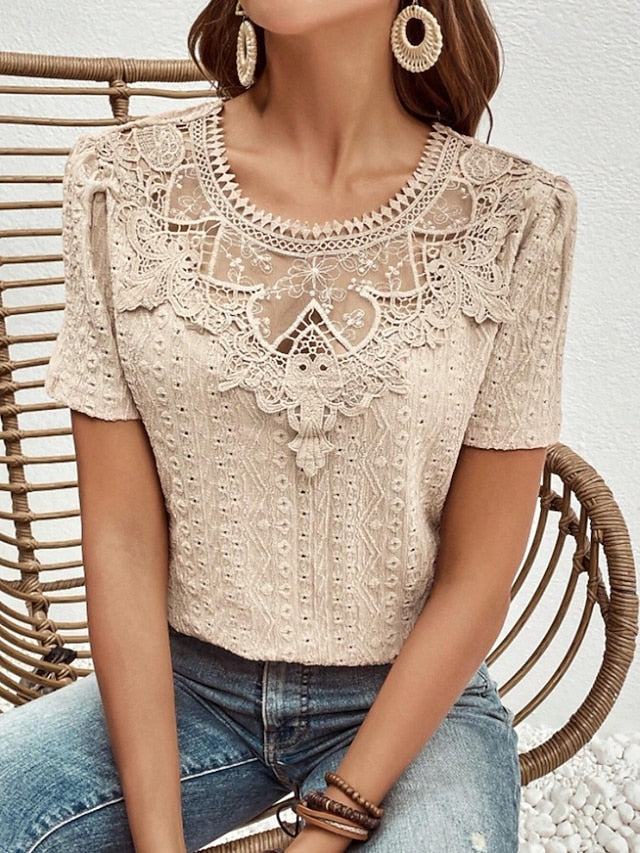 Women's T Shirt Lace Patchwork Plain Fashion Modern Casual