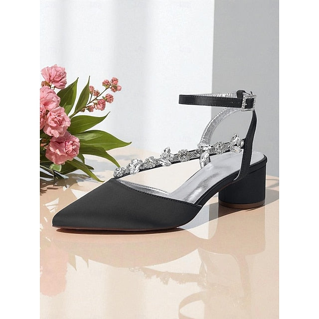 Heel Pumps Rhinestone Women's Purple Satin with Block