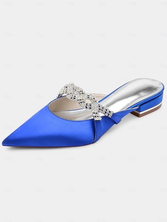 Satin Mule - Heels Rhinestone with Pointed-Toe Blue Detailing