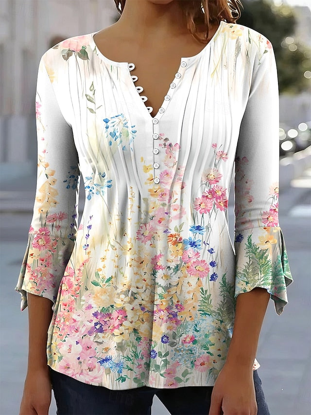 Women's T-Shirt  Floral Graphic Elegant 3/4 Length Sleeve V