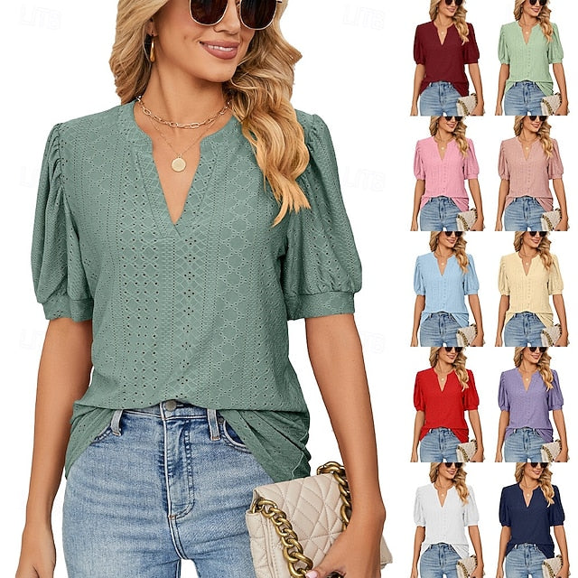 Women's T Shirt Eyelet Plain Fashion Modern Casual Short