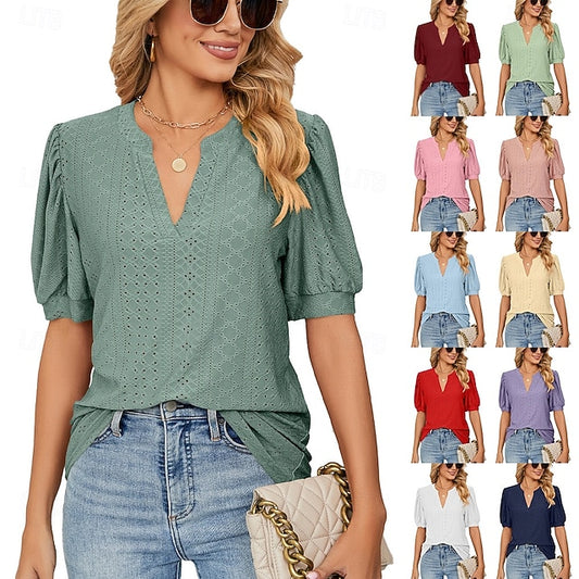 Women's T Shirt Eyelet Plain Fashion Modern Casual Short