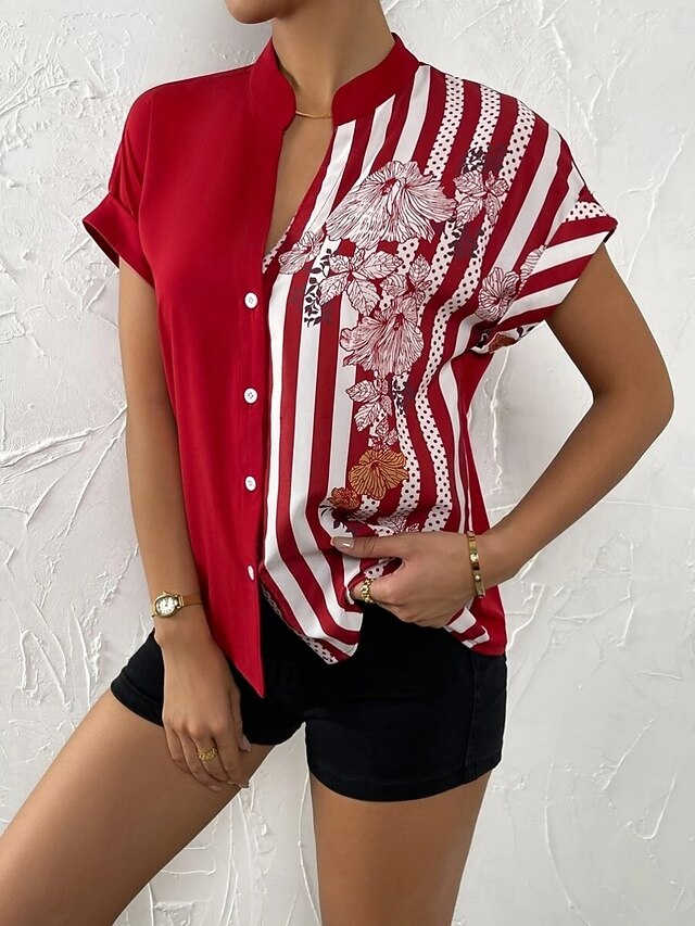 Women's Blouse Buttons Print Floral Striped Vintage Casual
