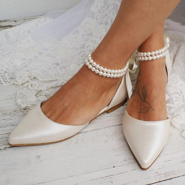 Elegant – Flats Bridal Ankle Women's Pearl Strap White