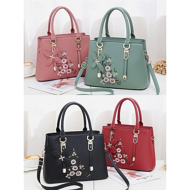 Embroidery Leather Faux Green Floral with Handbag Women's