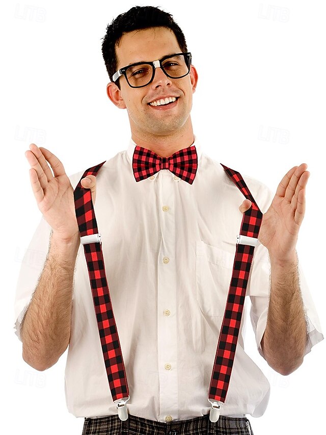 Set Tie Adjustable Bow Christmas Suspender Plaid Men's and