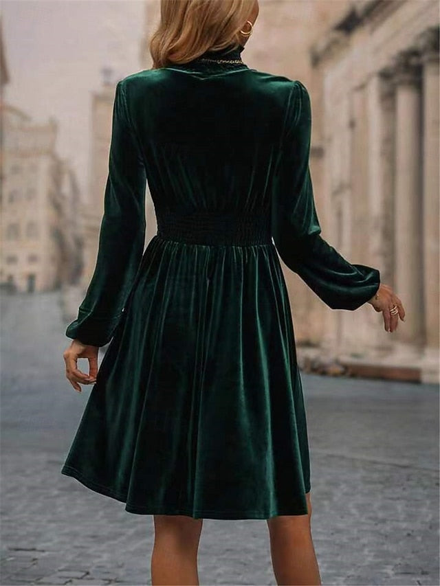 Women's Velvet Dress High Neck Long Sleeve Cinched