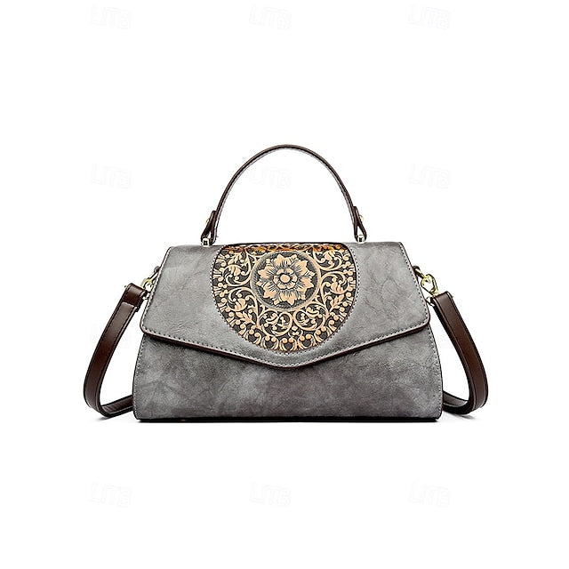 Handbag Leather Floral Engraved – Vintage Women's Faux