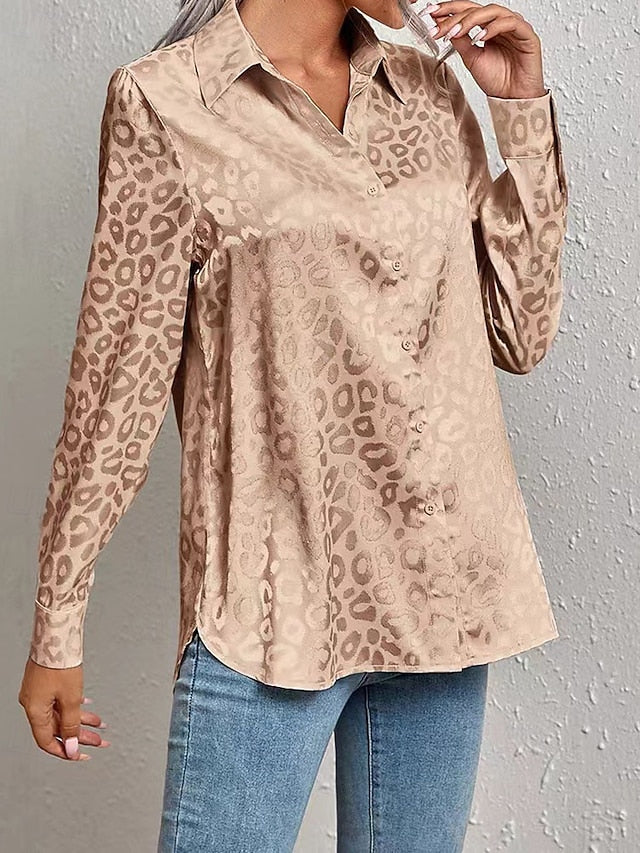 Women's Shirt Elegant Satin Top Blouse Buttons Leopard