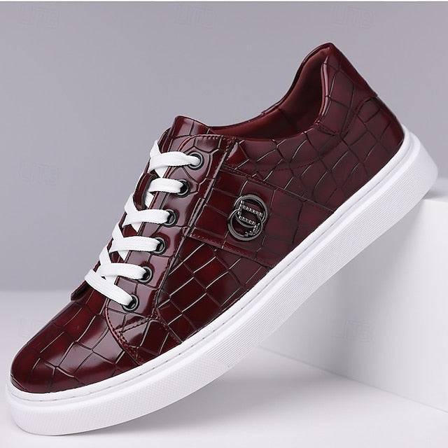 with Men's Pattern Faux Burgundy Sneakers Leather Crocodile