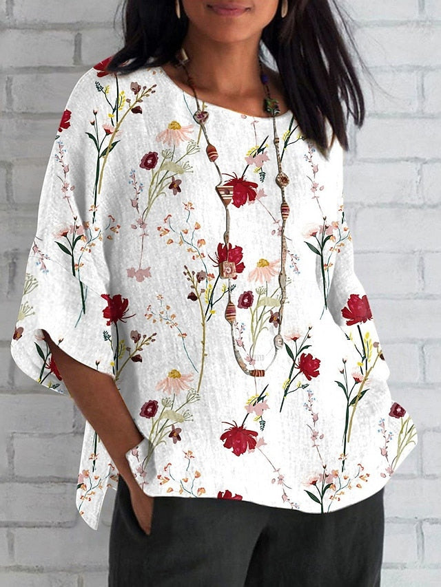 Women's Shirt Faux Cotton Linen Print Floral Daily Casual