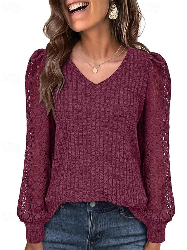 Women's T Shirt Lace Splicing Top Lace Patchwork Solid