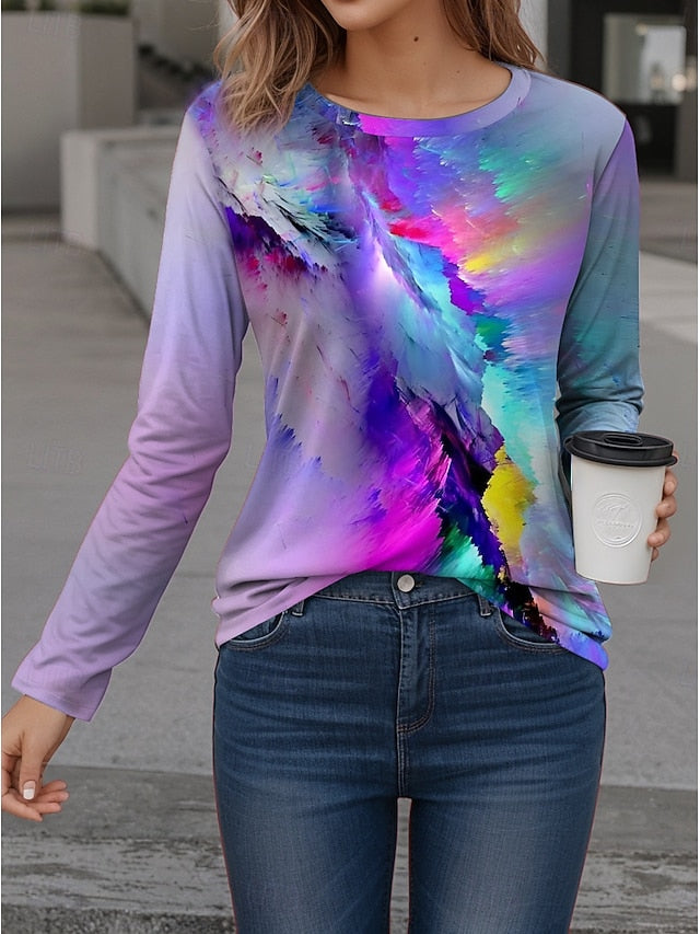 Women's T shirt Crew Neck Long Sleeve Tunic Color Gradient