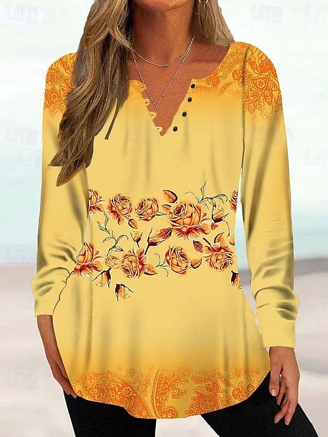 Women's Tunic Shirt Henley Shirt Blouse Tunic Basic Floral