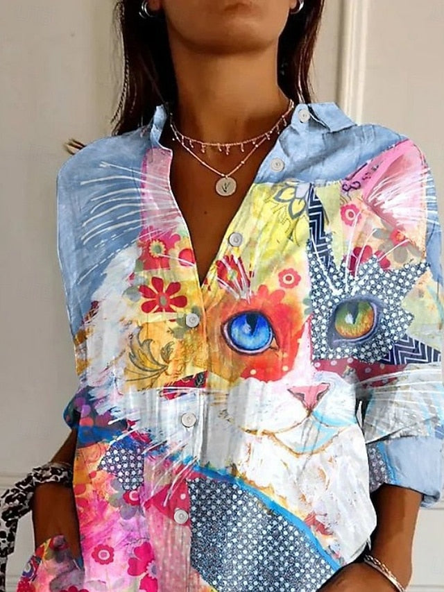 Women's Shirt Buttons Print Animal Cat Active Daily Stylish