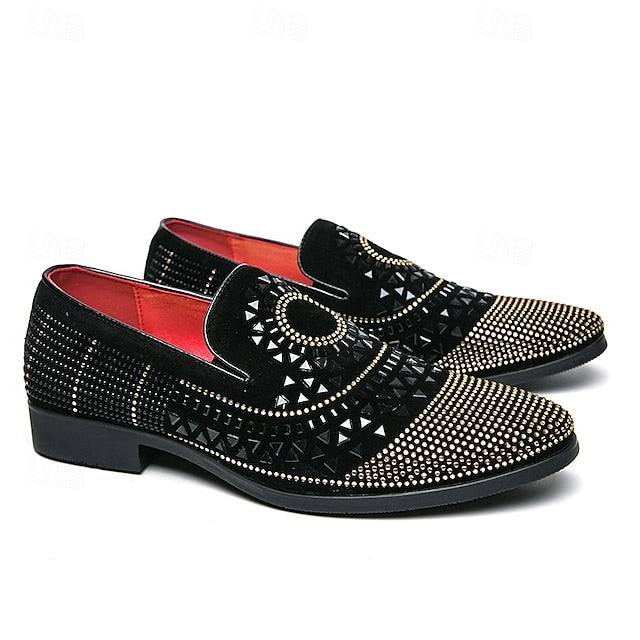 Black Spiral Men's Loafers Studded - Velvet Shoes Prom with