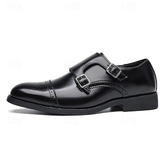 Men's Monk Leather with Strap Brown Faux Double Shoes